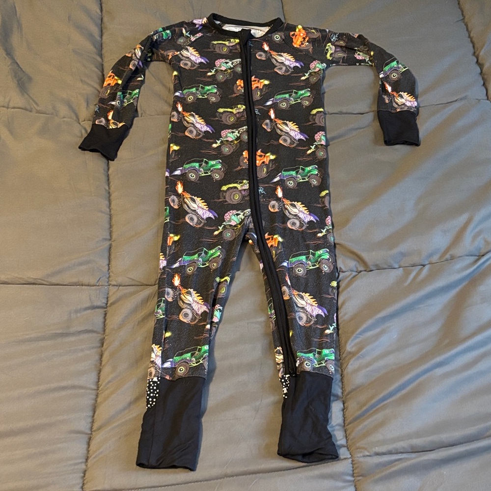 2T Black Monster Truck Zip One-Piece Pajamas by Fletch Brand.
